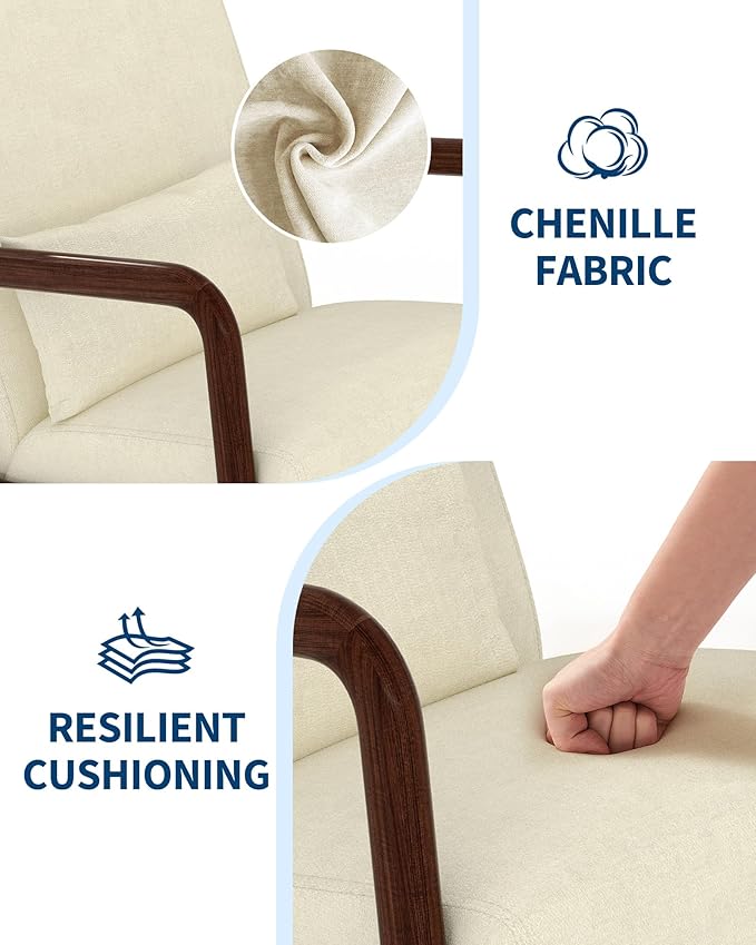 Garvee Mid-Century Chenille Accent Chair Set of 2, Cozy Reading Chair, Modern Lounge Armchair with Lumbar Pillow, Sturdy Wood Frame, for Living Room, Bedroom, Office, Beige