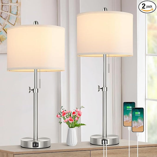 Kondras Table Lamp Set of 2 for Bedroom, Bedside Lamp with 2 USB Ports, 23" to 30" Height Adjustable Tall Table Lamp for Living Room End Tables, Modern Silver Nightstand Lamp with Pull Chain