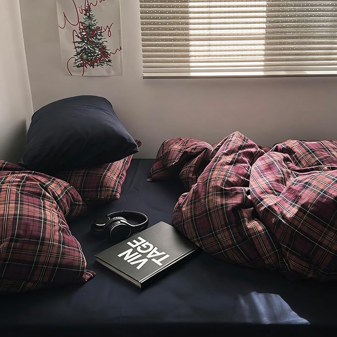 mixinni Vintage Burgundy Buffalo Plaid Comforter Cover Set Twin Size - 3 Piece Mid-Century Modern Washed Cotton Bedding, Soft Breathable Grid Duvet Cover with Matching Pillowcases for All-Season