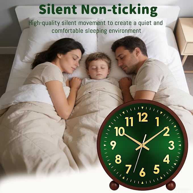 Maxspace Wooden Table Clock,8in Silent Non-Ticking Desk Clock, Battery Operated Desktop Analog Clock for Living Room Office Bedroom Decor (Green Gold - Walnut, Wooden Ball Base)