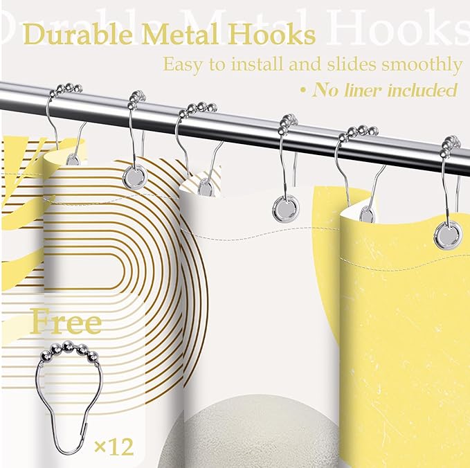 Mustard Yellow and Grey Shower Curtain Light Yellow and Gray White Shower Curtains for Bathroom Decor Abstract MCM Bath Curtain Set, Waterproof Fabric with Hooks 60 x 72 Inch