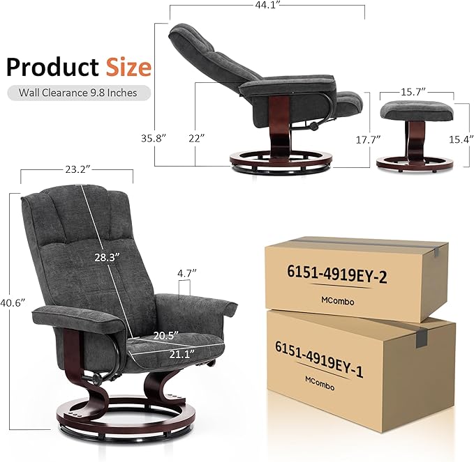 MCombo Manual Swivel Recliner with Ottoman, Chair Ottoman Set for RV Small Spaces, Living Room, Bedroom, Office 4919 (Textile, Grey)