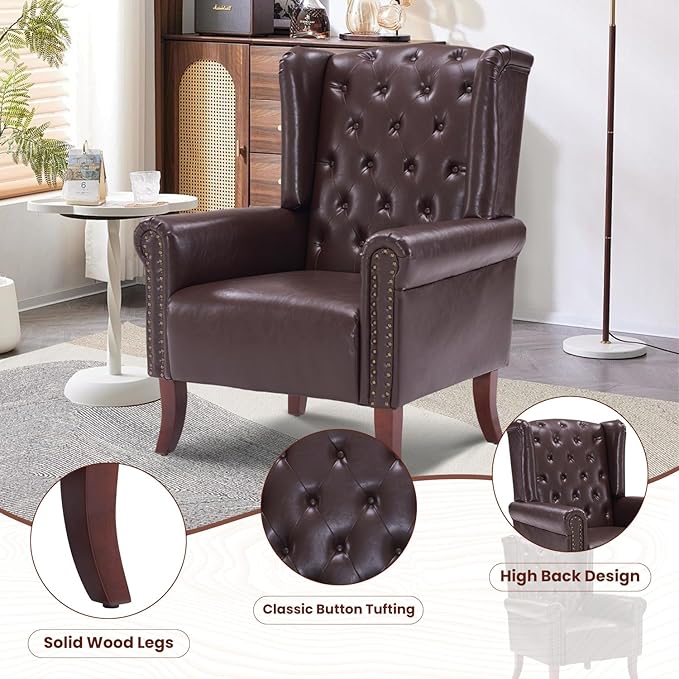 Modern Accent Chair Set of 2, Mid-Century Faux Leather Armchair Upholstered Club Sofa Chair with Wooden Legs, High Back Living Room Chair for Bedroom, Office, Lounge (Caramel)