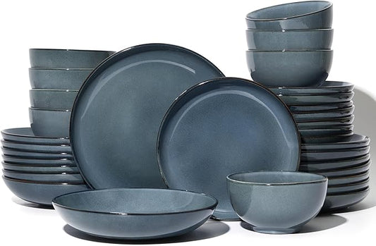 32 Piece Double Bowl Dinnerware Sets with Pasta Bowls, Highly Chip and Crack Resistant Plates and Bowls Sets, Natural Earthyware Ceramic Dishware Sets, Service for 8 Jeans Blue
