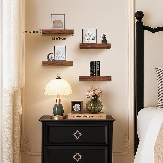 Floating Shelves for Wall, Wall Mounted Rustic Wood Shelves for Bathroom, Bedroom, Living Room & Kitchen, Hanging Shelf for Storage, Books & Room Decor, Walnut-Like, Set of 4, 12"x7"x1.5"