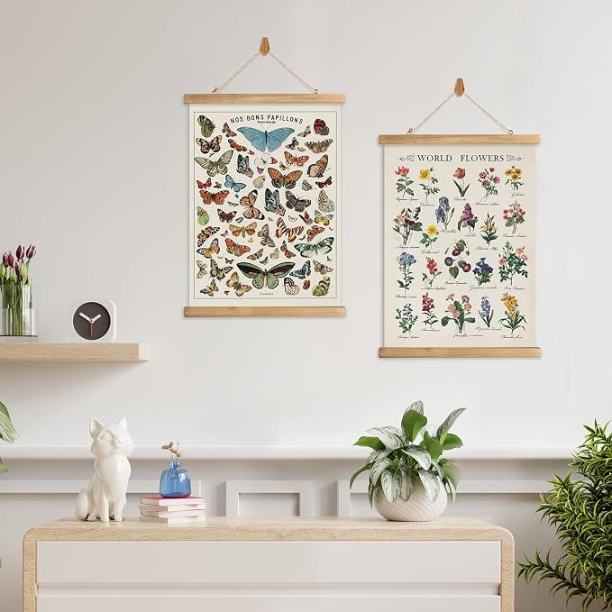XIAOAIKA Vintage Butterfly and World Flowers Poster Set - Educational Insect and Botanical Wall Art with Wooden Hanging Frames, Decorative Prints for Home and Classroom 16 x 23 Inches