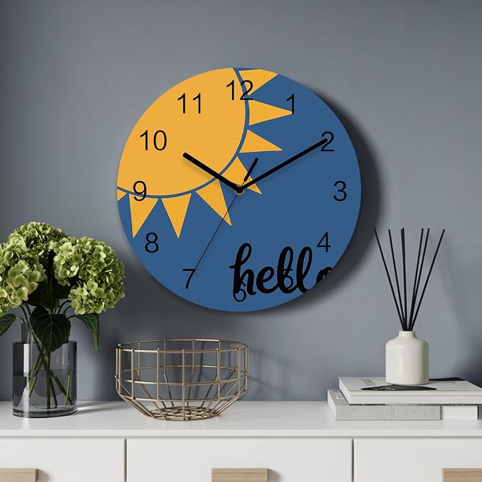 Sunburst Rays Wall Clock Battery Operated Non-Ticking 12" Round Wood Clocks, Mustard Yellow Slate Blue Kitchen Wall Clock for School Bathroom Living Room Home Office Wall Decor