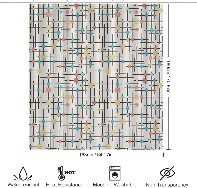 Mid Century Shower Curtain,Retro Atomic Geometric Abstract Iconic Pattern Bathroom Curtain Polyester Waterproof Fabric Decor 66x72in（168x183cm）