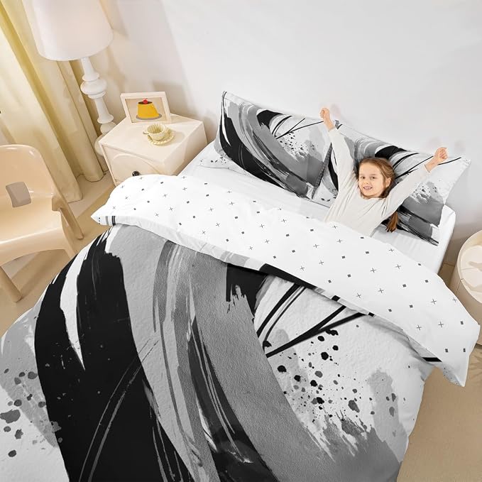 Erosebridal Black and Grey Duvet Cover King - Geometric Decorative Abstract Bedding Modern Striped Bed Set for Boys Adults Girls Minimalists Graffiti Aesthetic Lines Bed Cover 3 Pieces