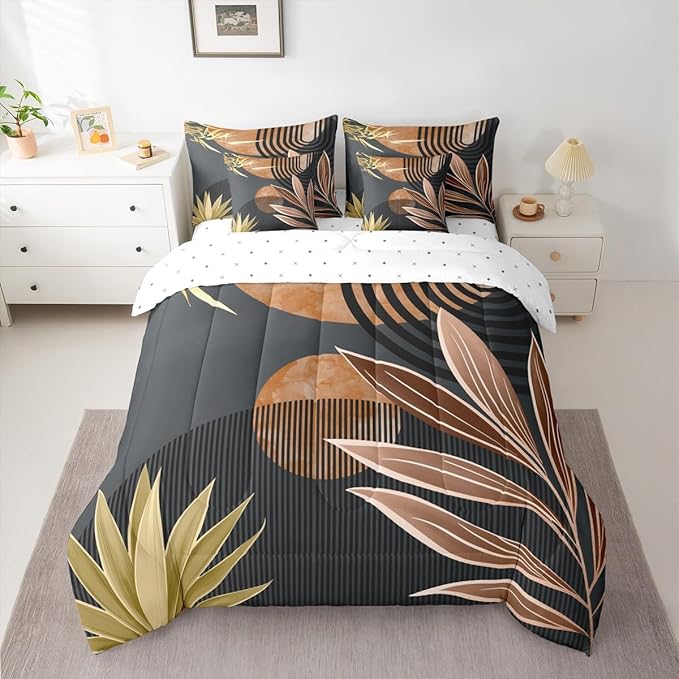 Erosebridal 7 Piece Boho Mid Century Bedding Sets Queen Modern Minimalist Simplistic Comforter Set,Retro Geometric Aesthetic Bed in a Bag Line Art Sheet Set with Comforter,Brown Black