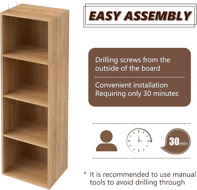 4-Tier Wooden Cube Storage Organizer, 42 Inch Tall Bookcase & Display Shelf with 4 Open Cubes, Freestanding DIY Closet Shelving Unit for Living Room Bedroom Office (Oak, 4 Cube-W(11.8inch)