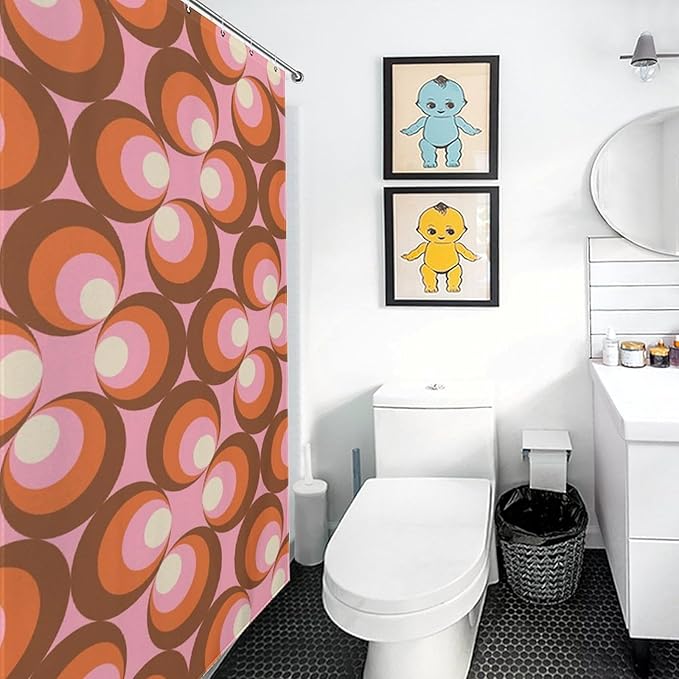 Mid Century Vintage Geometric Shower Curtains Modern Pink Rod Pocket Abstract Geometric Circular Shapes Washable Waterproof Fabric for Bathroom Decor Bathtub with 12 Hooks 55x72in（140x183cm）