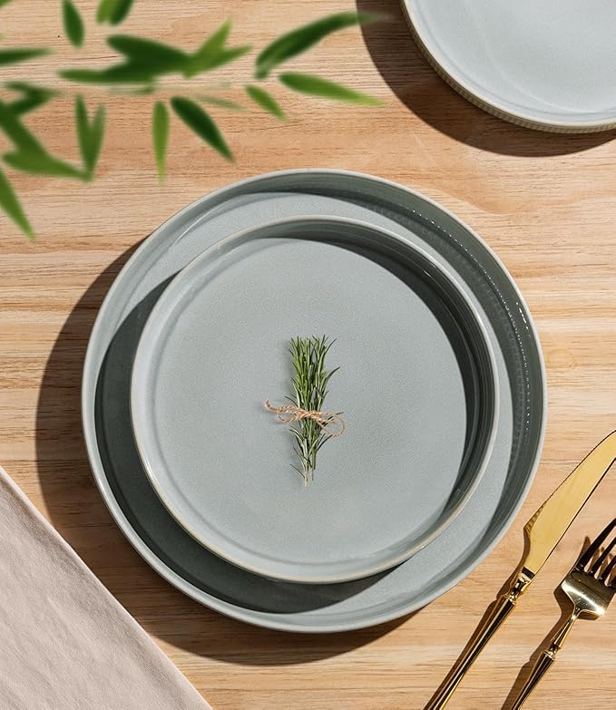 TheTerra Ceramic Dinnerware Sets with Pasta Bowls for 4, 16 Pieces Porcelain Lightweight Plates and Bowls Sets, Scratch Resistant Dish Set, Oven & Microwave & Dishwasher Safe, Desert Sage