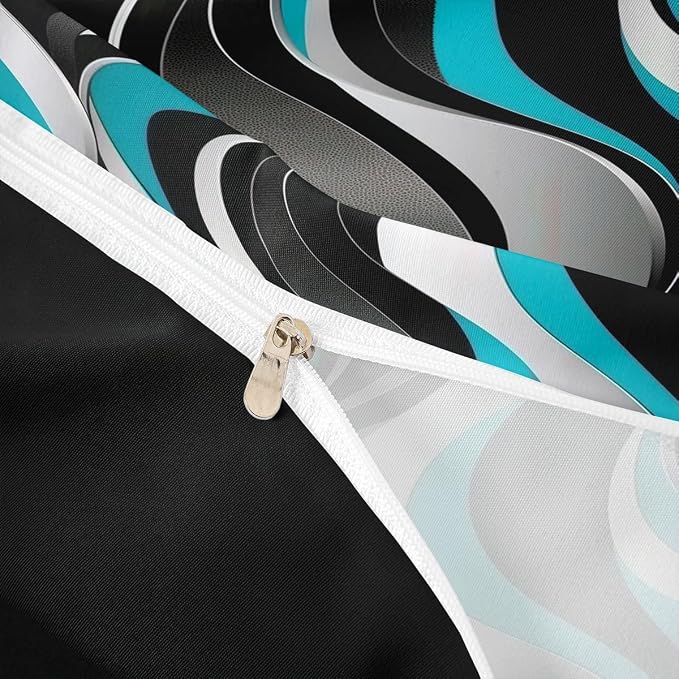 Erosebridal Geometric Wavy Lines Comforter Cover Full for Kids Boys Girls,Minimalist Abstract Art Duvet Cover,Modern Aesthetic Bedding Set,Teal Grey Black Bed Set with 2 Pillowcases Bedroom Decor