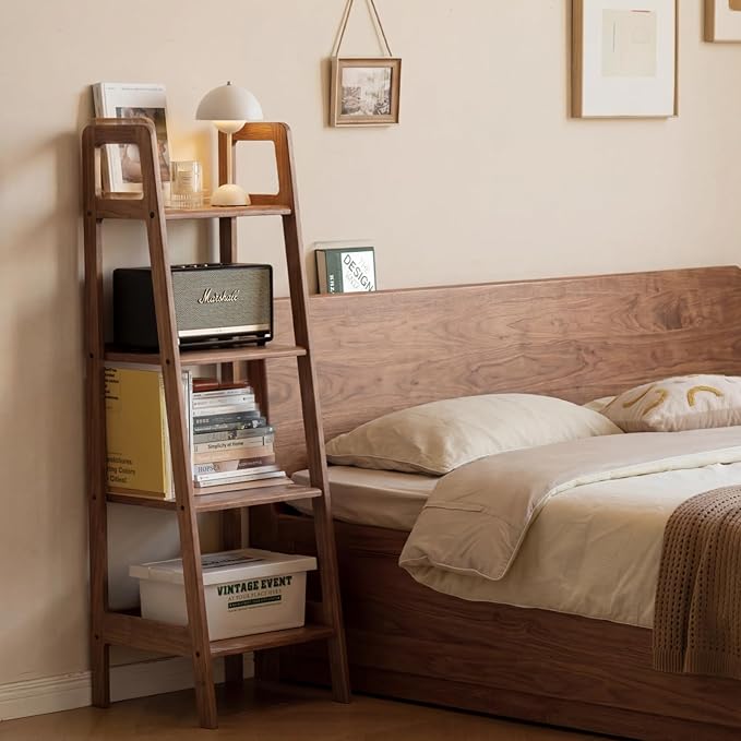 100% Solid Oak 4 Tier Ladder Shelf for Saving Space, Small Bookshelf with Stable Frame, Free Standing Ladder Shelves for Living Room Bedroom Couch(Walnut,17.32" D x 16.53" W x 53.54" H)