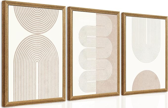 PicturePerfect Decor Wall Art 3 Piece Set, 16x24Inch Geometric Line Prints, Neutral Abstract Canvas Triptych for Living Room Bedroom Office Hallway, Mid-Century Modern Decor with Wood Frame
