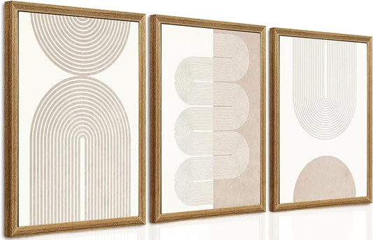 PicturePerfect Decor Wall Art 3 Piece Set, 16x24Inch Geometric Line Prints, Neutral Abstract Canvas Triptych for Living Room Bedroom Office Hallway, Mid-Century Modern Decor with Wood Frame