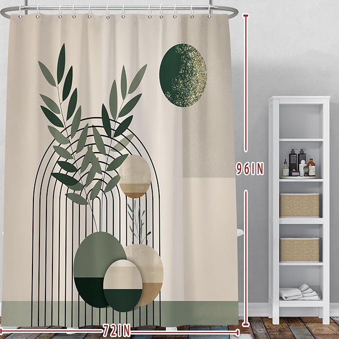 Baocicoo Mid Century Bohemia Green Moon Leaves Shower Curtain for Bathroom - Geometric Aesthetic Bathtub Decor - Polyester Durable Shower Curtain with Hooks - 72x96 Inches