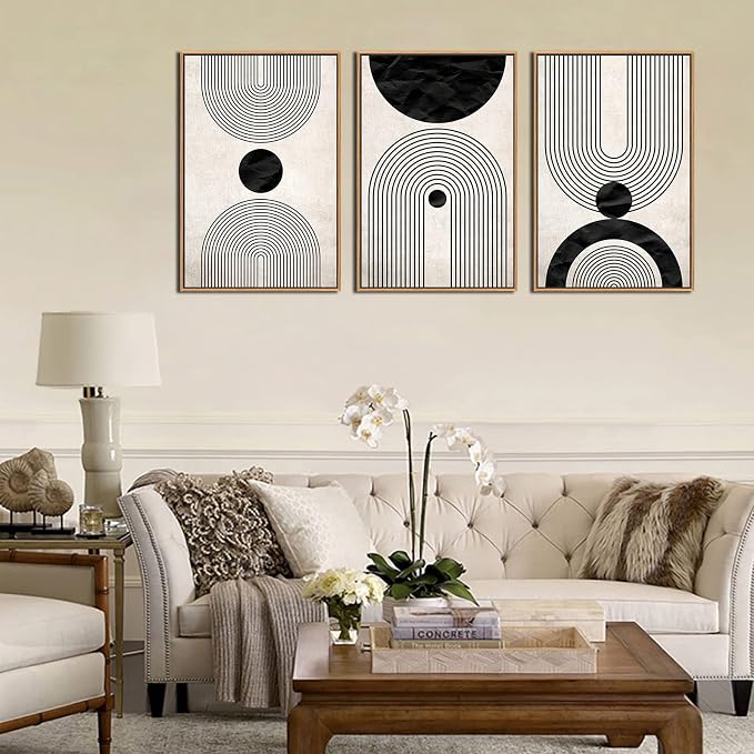 Framed Wall Art Canvas Set Mid Century Boho Pictures Modern Abstract Geometric Wall Decor Minimalist Black Beige Bohemian Canvas Painting Artwork for Living Room Bedroom Office 16"x24"x3 Natural