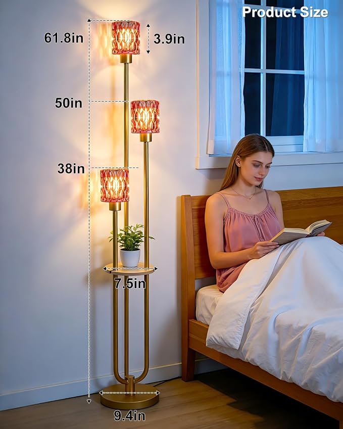 62IN Gold Floor Lamp with Deep Red Glass Shade 3-Lights Mid-Century Modern Farmhouse Floor Lamps with 3000K Warm White Bulbs, Tall Standing Lamp with 5Lbs Heavy Base for Living Room/Bedroom