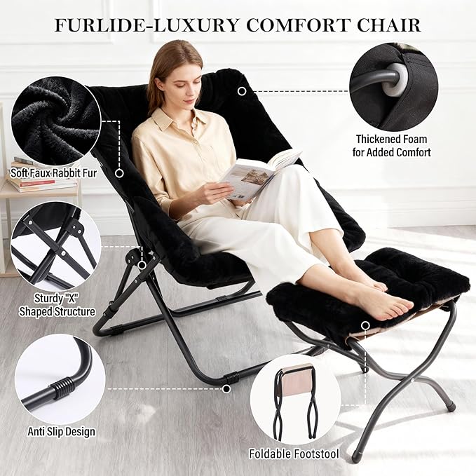 Furlide Oversized Folding Faux Fur Chair with Ottoman, X-Large Soft Saucer Chair, Foldable Metal Frame for Bedroom, Living Room, Balcony (Black)