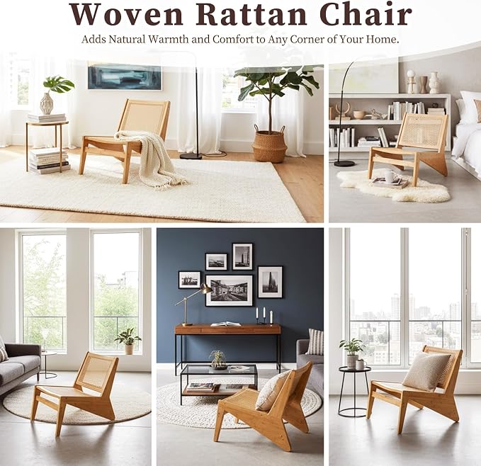 Furlide Rattan Chair 2Pcs, Mid Century Modern Accent Chair, Leisurely Reading Chair for Living Room（Wood）