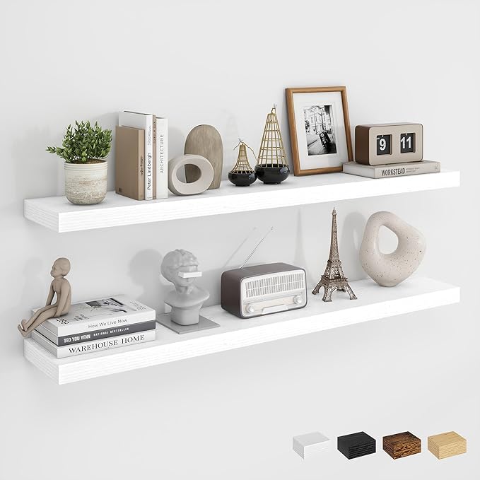Dreamland 40Inch Floating Shelves for Wall, Rustic Wooden White Floating Shelves for Living Room, Kitchen, Farmhouse, Deep Wall Mounted Book Shelf, Wood Storage Display Shelf for Home Decor, Set of 2