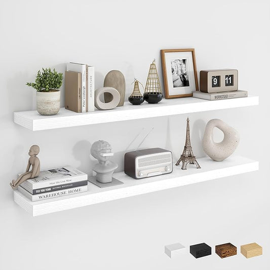 Dreamland 40Inch Floating Shelves for Wall, Rustic Wooden White Floating Shelves for Living Room, Kitchen, Farmhouse, Deep Wall Mounted Book Shelf, Wood Storage Display Shelf for Home Decor, Set of 2