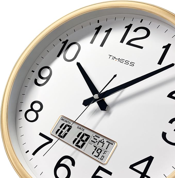 TIMESS Wall Clock, 16 Inch Non-Ticking Silent Battery Operated Quartz Analog with LCD Display for Perpetual Calendar and F° Temperature, Ideal Modern Home, Bedroom, Kitchen, Office Décor (Gold)