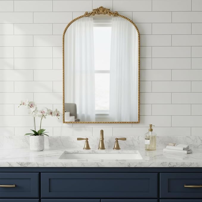 ZIYOO Vintage Baroque Arched Wall Mirror 36"x24", Gold Ornate Antique French Traditional Decor Mirror for Entryway Living Room Fireplace (Gold Metal,36" x 24")