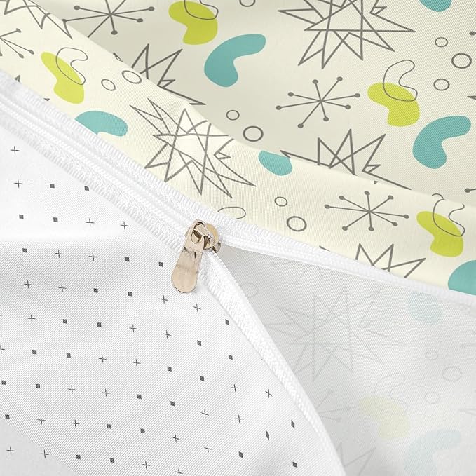 Erosebridal Hippie Minimalism Bedding Sets King Fifties Old Fashion Comforter Cover, Abstract Atomic Art Bed Set Beige Teal Aesthetic Duvet Cover, Modern Mid Century Quilt Cover with 2 Pillowcase