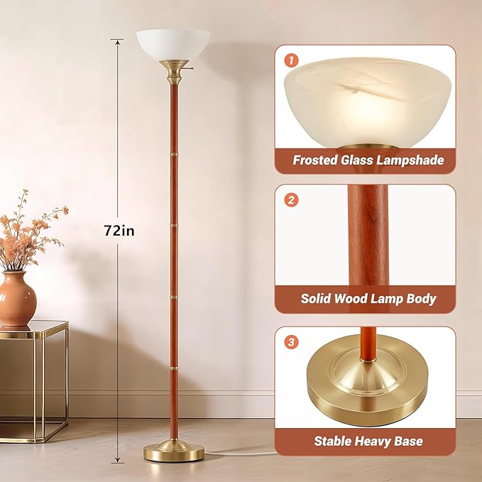EJIAXIN Wood Floor Lamp for Living Room - Gold Standing Lamp with Glass Shade Torchiere Floor Lamps for Bedroom - Mid Century Modern Corner Tall Lamps for Home Office Nursery Industrial Reading Light