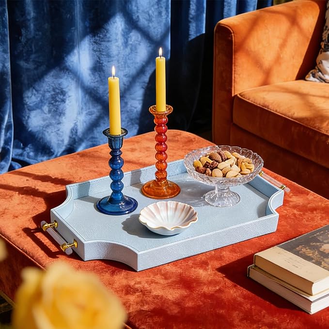 22.6'' × 13'' Coffee Table Tray Shagreen Decorative Tray for Ottoman Home Decor Serving Tray with Acrylic Gold Handles Modern Elegant Scalloped Large Ottoman Tray