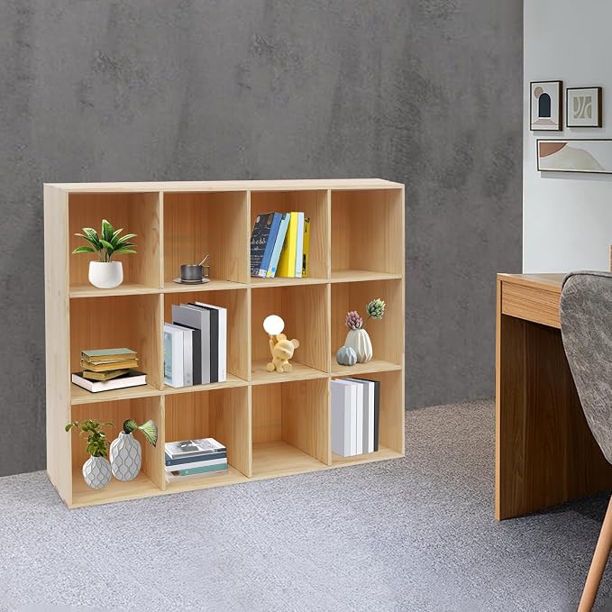 12-Cube Storage Organizer Solid Wood Cube Shelf with Deep Compartments, 220 lbs Capacity Wooden Cubby Bookcase for Living Room, Office, Dorm (12 Cube)