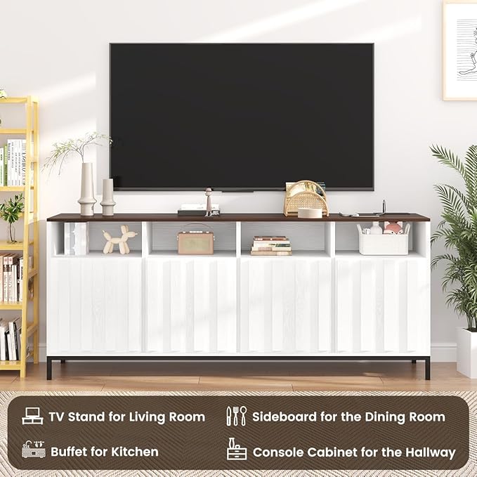 COCO DESIGN 70" Buffet Sideboard Cabinet with Fluted Panel Doors, Large Credenza Console with Power Outlet & Adjustable Shelves, Modern Storage Cabinet for Kitchen & Living Room, White