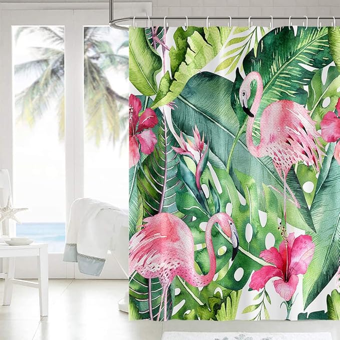 Tropical Pink Flamingo Shower Curtain with Hooks Watercolor Green Palm Leaves Shower Curtains Modern Style Waterproof Fabric for Bathroom Decor Set 72 x 78 Inch