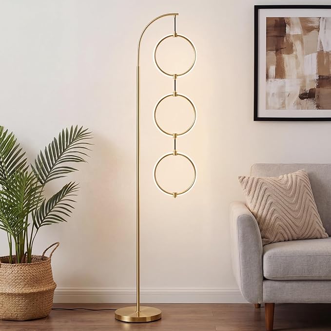 Bairth Gold 3-Light LED Floor Lamp, Modern Arc Floor Lamp for Living Room, Industrial Stepless Dimmable & 3-Way Dimmable Tall Arch Standing Floor Lamp for Reading, Bedroom, Office, Antique Brass