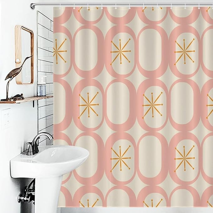 Retro 50S Shower Curtains Vintage Mid Century Aesthetics Modern Pink Beige Pattern Duty Fabric Shower Curtain Set Bathroom Polyester Waterproof with 12 Hooks, 55x72Inch（140x183cm）
