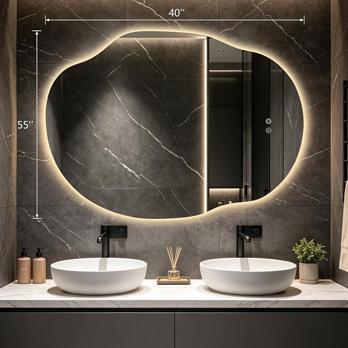 Asymmetrical Bathroom Mirror with Lights,Irregular LED Bathroom Vanity Mirror with Backlit,Anti-Fog,3 Colors and Dimmable Light with Memory,Hardwired Supported[Horizontal/Vertical] 55" H x 40" W