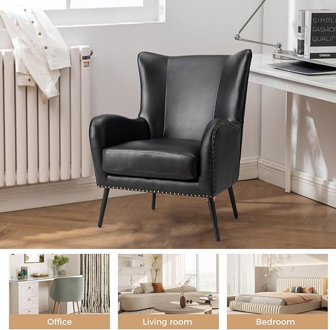 HULALA HOME Faux Leather Accent Chair Set of 2 with Removable Cushion, Comfy Upholstered Armchair with Metal Legs & Nailhead Trim Wingback Vanity Chair for Reading Living Room Bedroom, Black