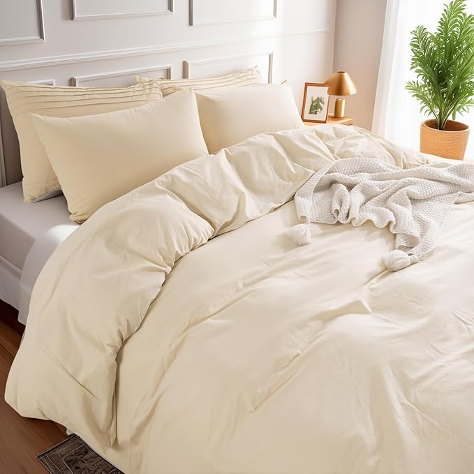 NEXHOME PRO Duvet Cover Set King Size Linen Look Textured Organic Natural 100% Washed Cotton Duvet Cover 3 Pieces Bedding Set with Zipper (No Comforter)