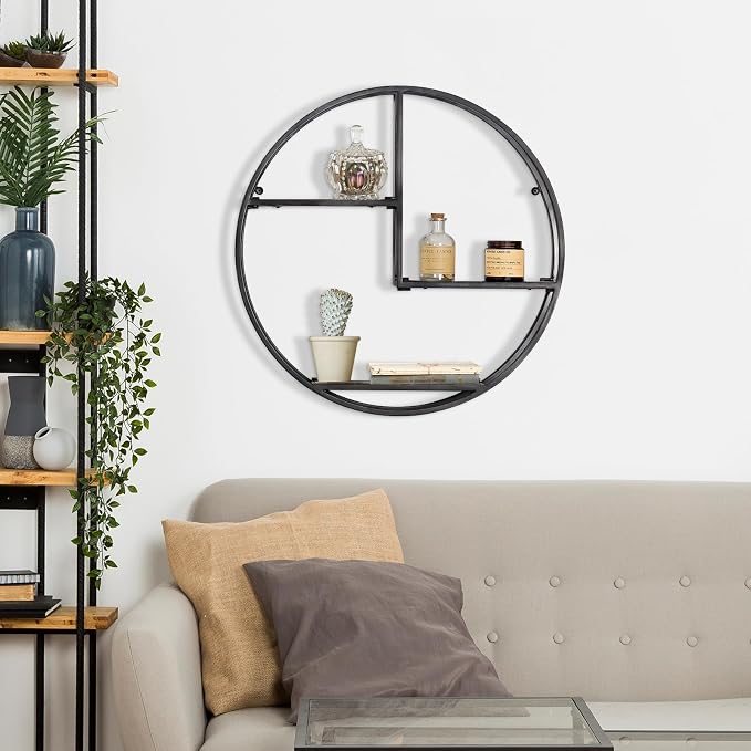 Industrial Style Round Wall Shelves - 3 Tier Metal Hanging Circle Floating Shelves for Bathroom Living Room Wall Decor, 21 Inch