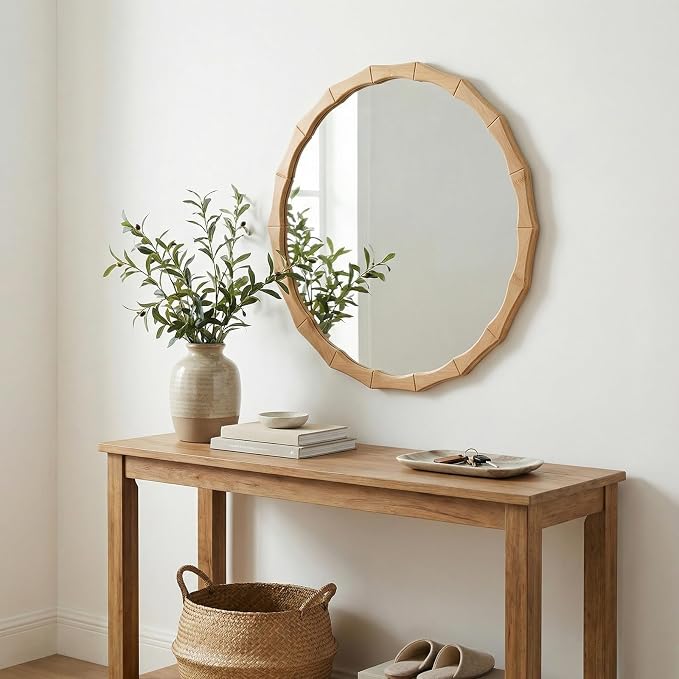 Round Bamboo Frame Mirror with Wavy Edge, 24-inch Vintage Wood Finish Hanging Wall Mirror for Bathroom, Bedroom, Living Room & Entryway