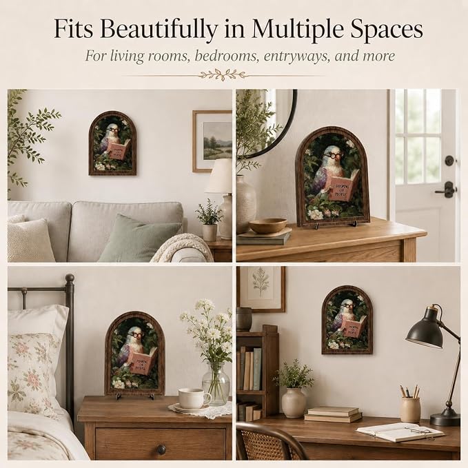 Wooden Tabletop Decor Funny Reading Bird Art for Bookshelf Desk Shelf, Vintage Floral Bird Sign with Rustic Frame and Stand, Home Office Decorative Accent for Bird Lovers
