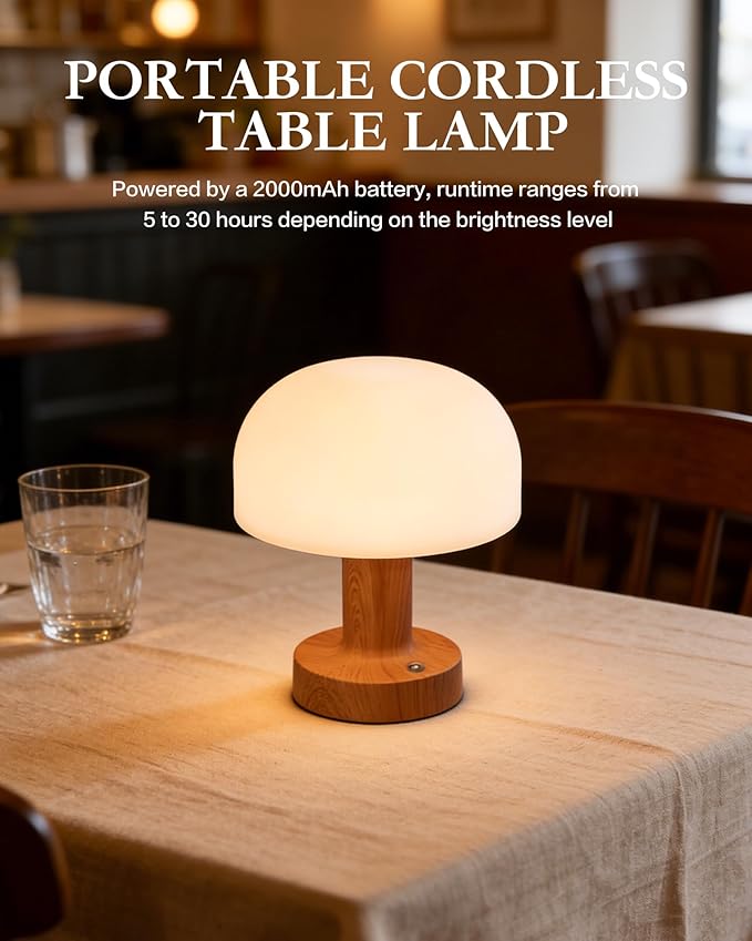 Cordless Mushroom Table Lamp,Mid-Century Modern Rechargeable Battery Operated Bedside Lamp,3 Color Modes & Stepless Dimming,Metal Base with Wood Grain Finish for Nightstand,Living Room,Cafe
