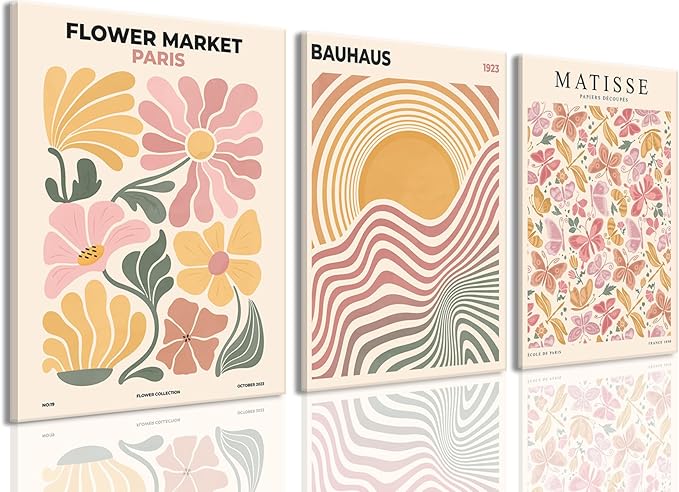 BingruiArt Boho Abstract Wall Art Yellow Canvas Flower Market Posters Set of 3 Bauhaus Pictures Matisse Print Floral Aesthetic Painting Decor for Dorm Living Room Bedroom 12"x16" Framed
