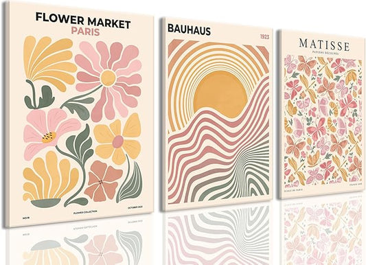 BingruiArt Boho Abstract Wall Art Yellow Canvas Flower Market Posters Set of 3 Bauhaus Pictures Matisse Print Floral Aesthetic Painting Decor for Dorm Living Room Bedroom 12"x16" Framed
