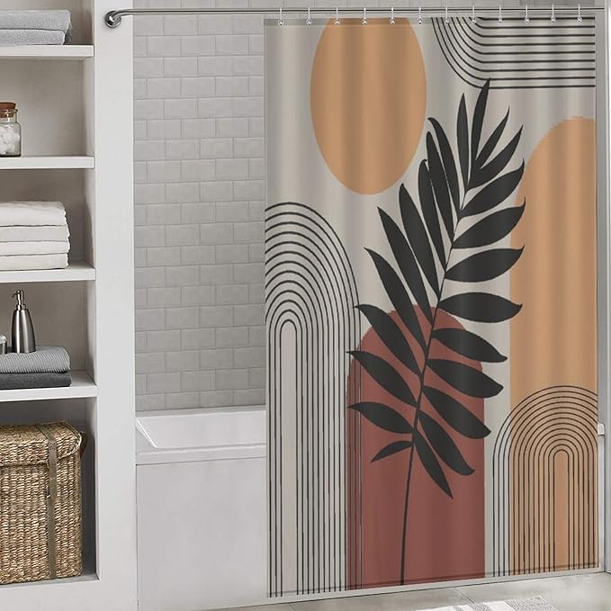 Boho Mid Century Shower Curtain, Sun Brown Leaves Rainbow Color Blocks Modern Artistic Waterproof Shower Curtains for Bathroom Decor 12 Pack Hooks 55x72in（140x183cm）