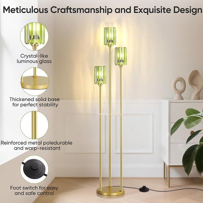 Crystal Floor Lamps for Living Room, Glass Modern Floor Lamp with Shelves, Mid Century Standing Lamps with Table, Brass Tall Lamp with Crystal Shade Vintage Retro Corner Floor Lamp (Green Cystal Gold)