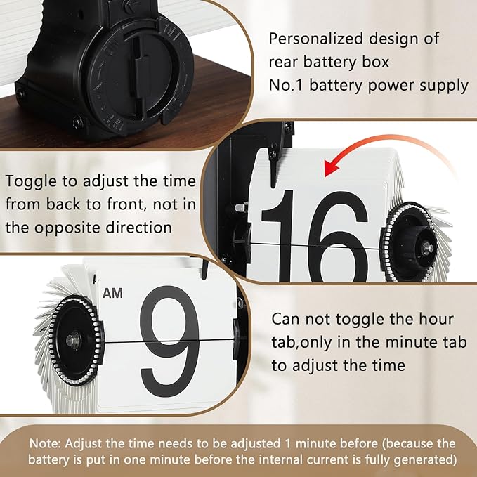 FOSA Flip Desk Clock, Retro Vintage Mechanical Flip Clock with Large Numbers, Silent Desk Table Clock with Wood Base for Home Office Desk Decor Living Room Study Room (Black)
